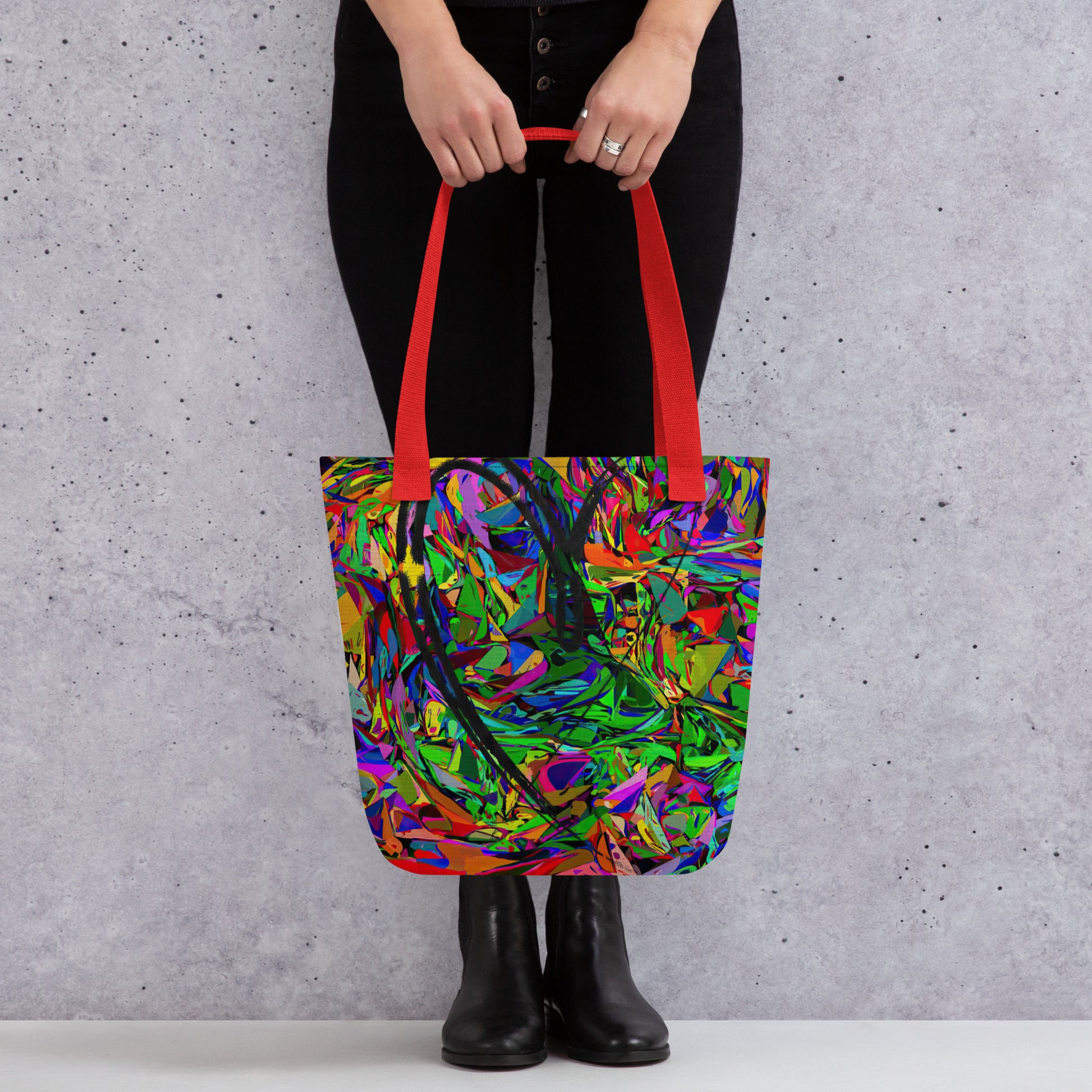 Neon Mythos abstract canvas tote bag with vibrant street art print by Hipyfi Clothes & Design, unisex and eco-friendly. Red-front