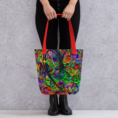 Neon Mythos abstract canvas tote bag with vibrant street art print by Hipyfi Clothes & Design, unisex and eco-friendly. Red-front
