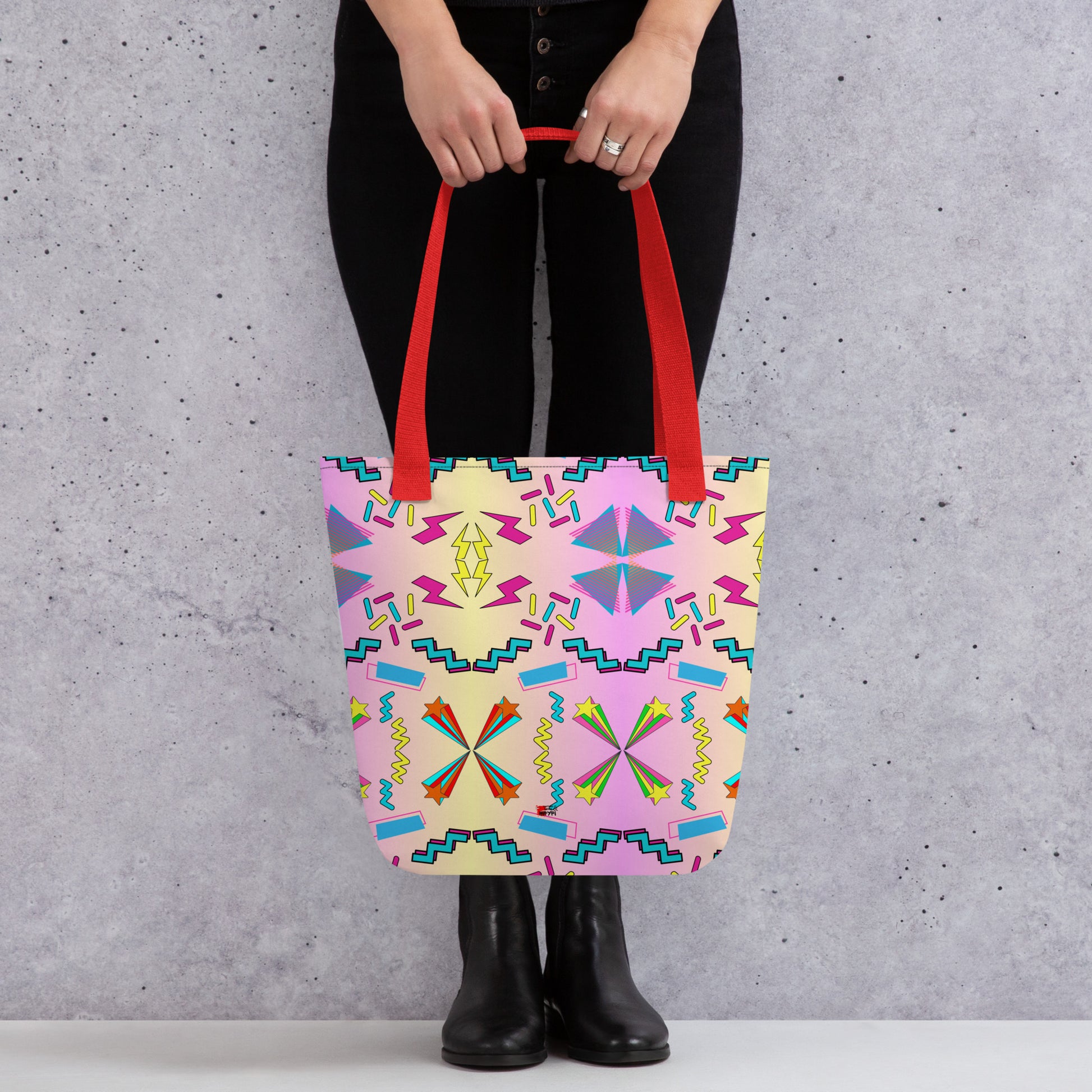 Hipyfi Memphis Style 80s Tote Bag - Geometric Retro Design with vibrant pastel gradient and bold abstract patterns Red-Front-2