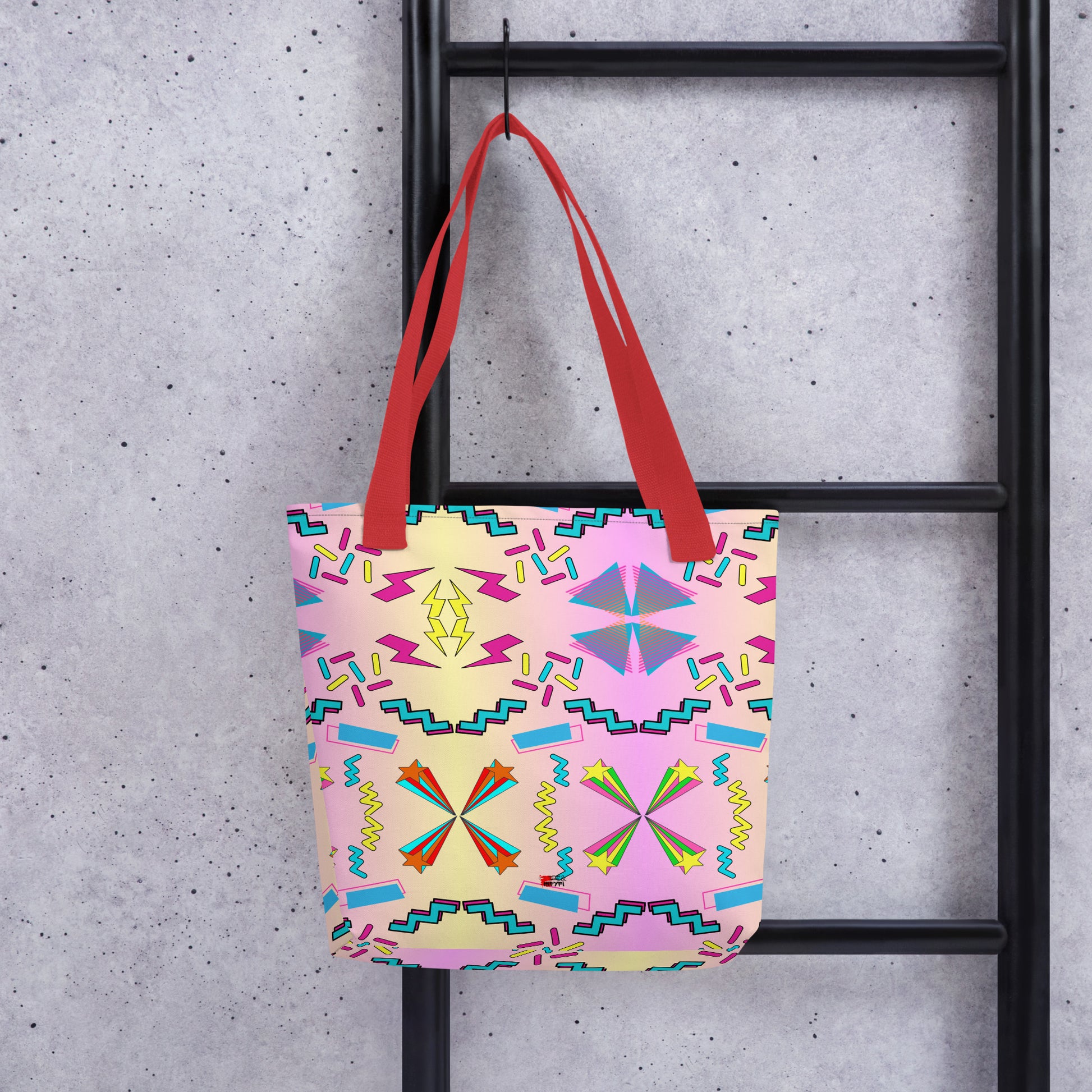 Hipyfi Memphis Style 80s Tote Bag - Geometric Retro Design with vibrant pastel gradient and bold abstract patterns Red-Front-3