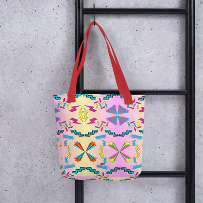 Hipyfi Memphis Style 80s Tote Bag - Geometric Retro Design with vibrant pastel gradient and bold abstract patterns Red-Front-3
