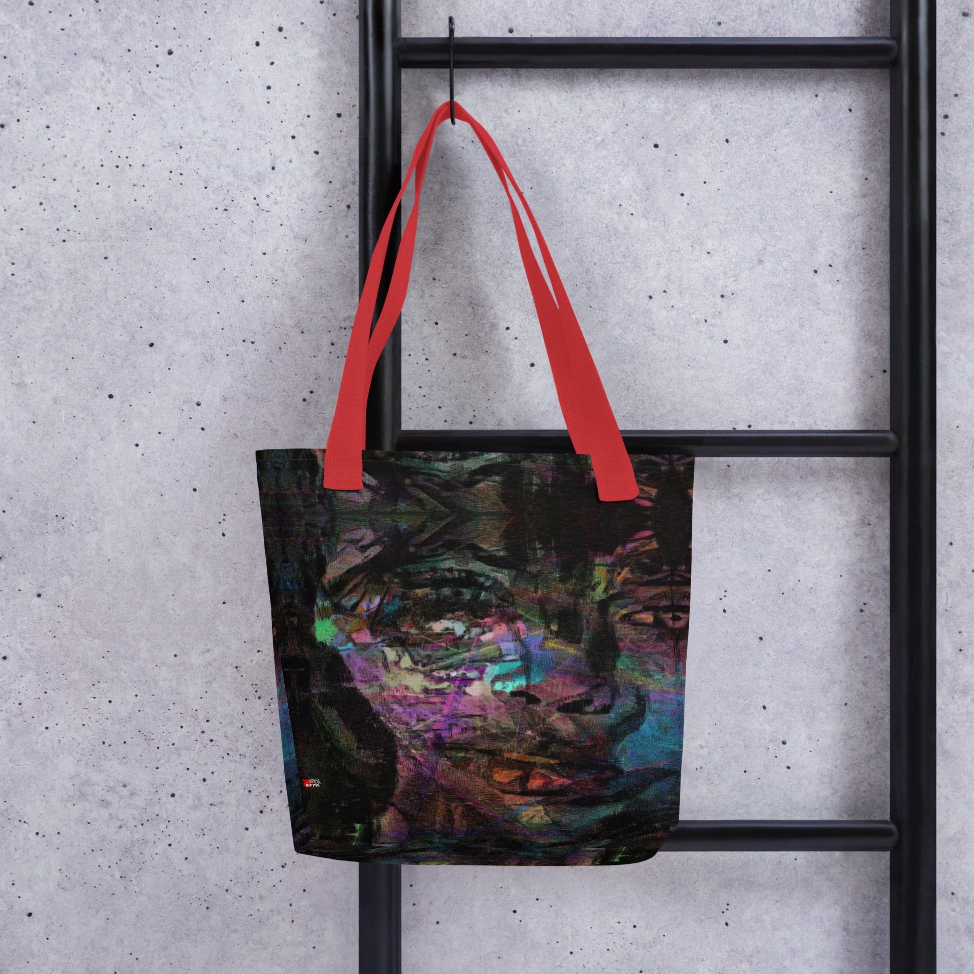 Hipyfi Chromatic Dreams Tote Bag: Vibrant abstract art unisex tote with bold brushstrokes in purple, blue, and orange. Sustainably made, gender-neutral design for everyday style. Red front-2
