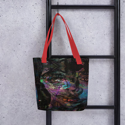 Hipyfi Chromatic Dreams Tote Bag: Vibrant abstract art unisex tote with bold brushstrokes in purple, blue, and orange. Sustainably made, gender-neutral design for everyday style. Red front-2