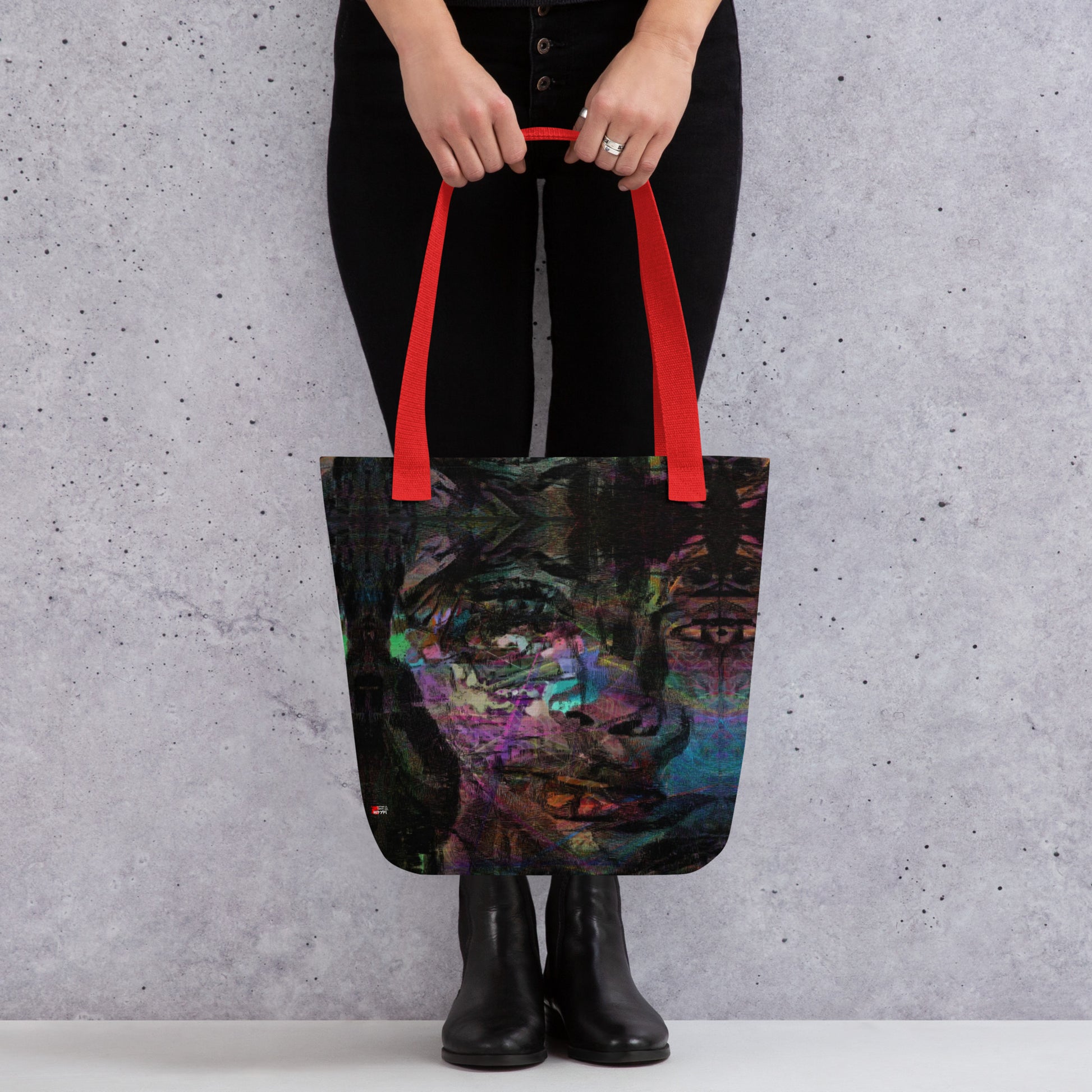 Hipyfi Chromatic Dreams Tote Bag: Vibrant abstract art unisex tote with bold brushstrokes in purple, blue, and orange. Sustainably made, gender-neutral design for everyday style. Red front-3