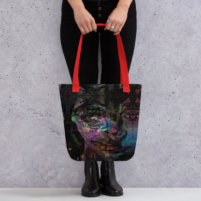 Hipyfi Chromatic Dreams Tote Bag: Vibrant abstract art unisex tote with bold brushstrokes in purple, blue, and orange. Sustainably made, gender-neutral design for everyday style. Red front-3