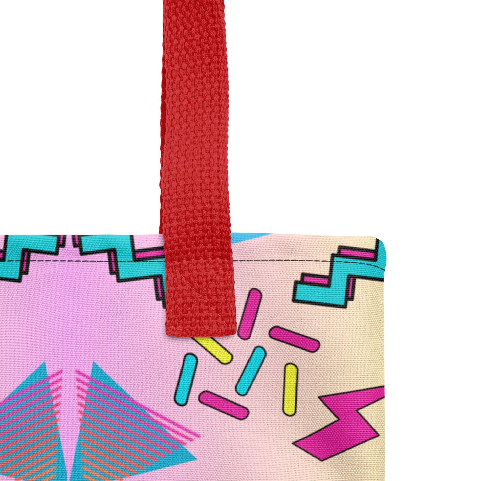 Hipyfi Memphis Style 80s Tote Bag - Geometric Retro Design with vibrant pastel gradient and bold abstract patterns Red-product-details