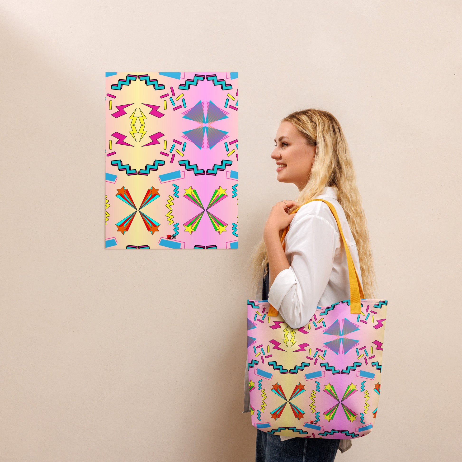 Hipyfi Memphis Style 80s Tote Bag - Geometric Retro Design with vibrant pastel gradient and bold abstract patterns Yellow-Front