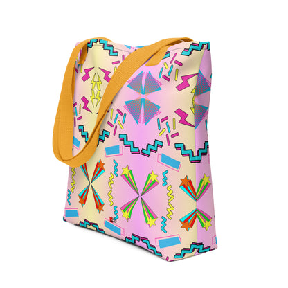 Hipyfi Memphis Style 80s Tote Bag - Geometric Retro Design with vibrant pastel gradient and bold abstract patterns Yellow-Front-4