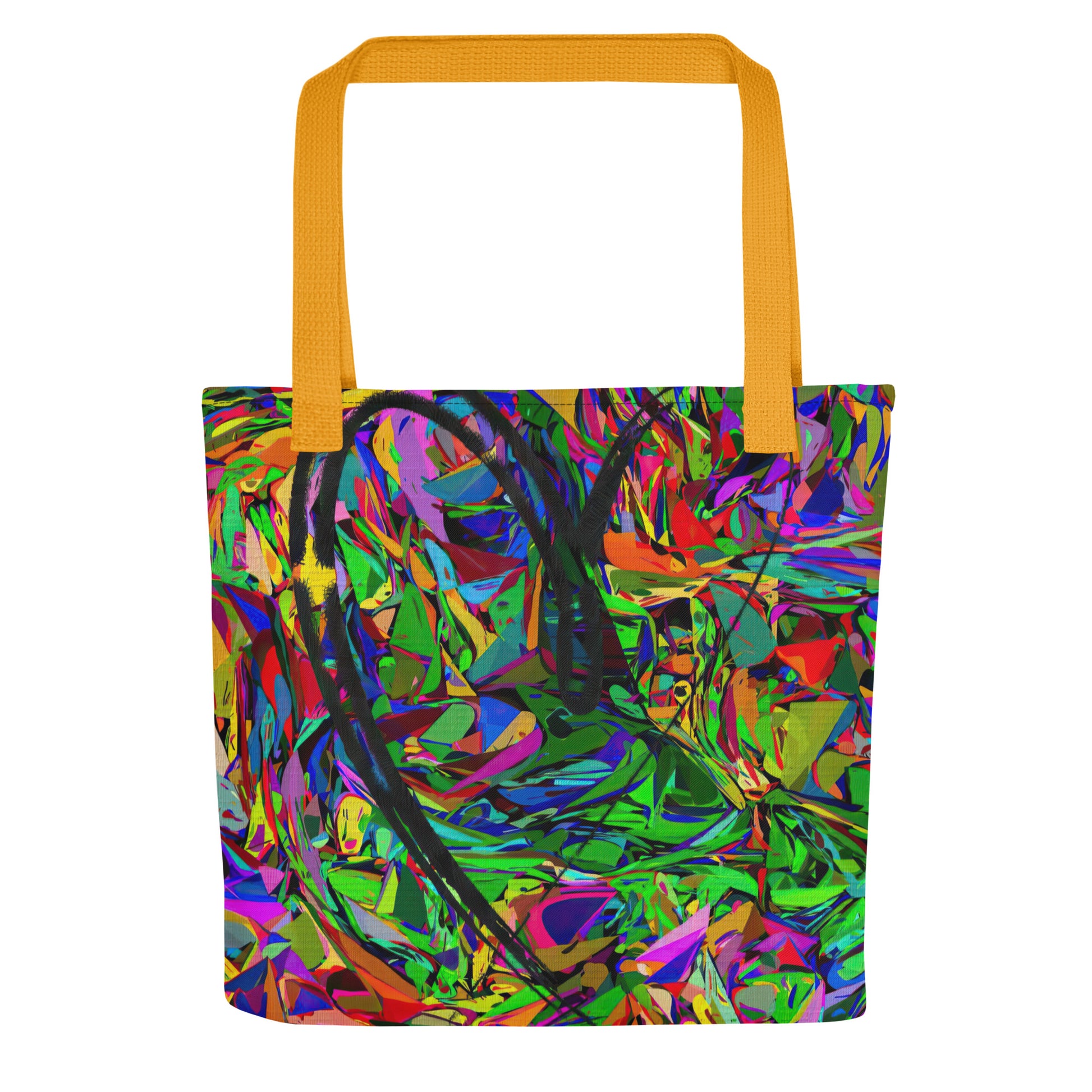 Neon Mythos abstract canvas tote bag with vibrant street art print by Hipyfi Clothes & Design, unisex and eco-friendly. Yellow-front-6