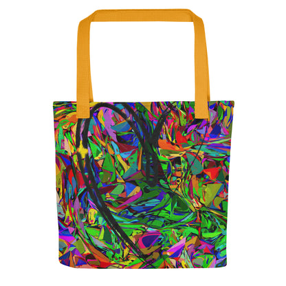 Neon Mythos abstract canvas tote bag with vibrant street art print by Hipyfi Clothes & Design, unisex and eco-friendly. Yellow-front-6