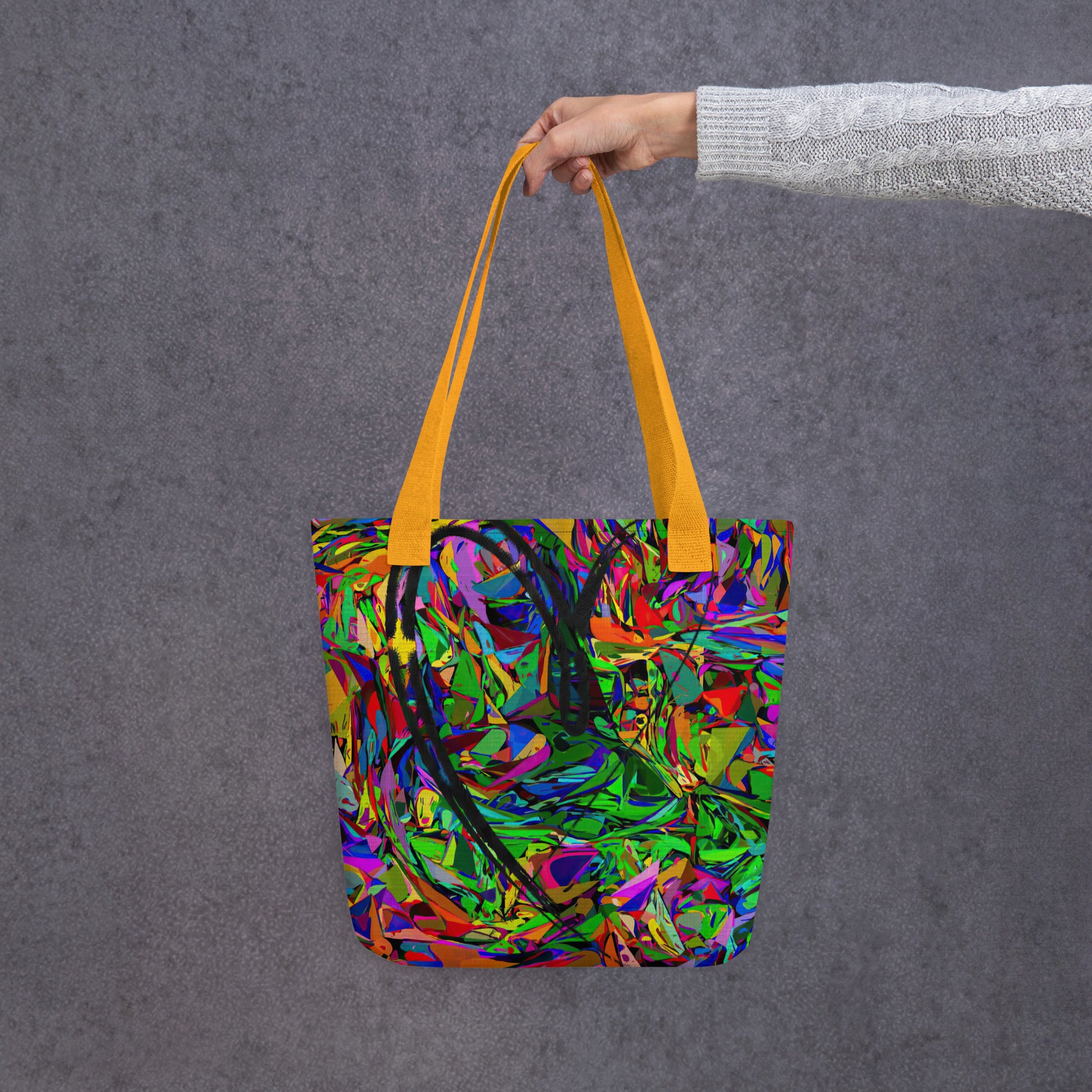 Neon Mythos abstract canvas tote bag with vibrant street art print by Hipyfi Clothes & Design, unisex and eco-friendly. Yellow-front