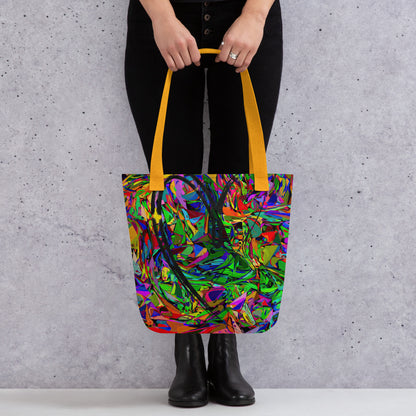 Neon Mythos abstract canvas tote bag with vibrant street art print by Hipyfi Clothes & Design, unisex and eco-friendly. Yellow-front-3