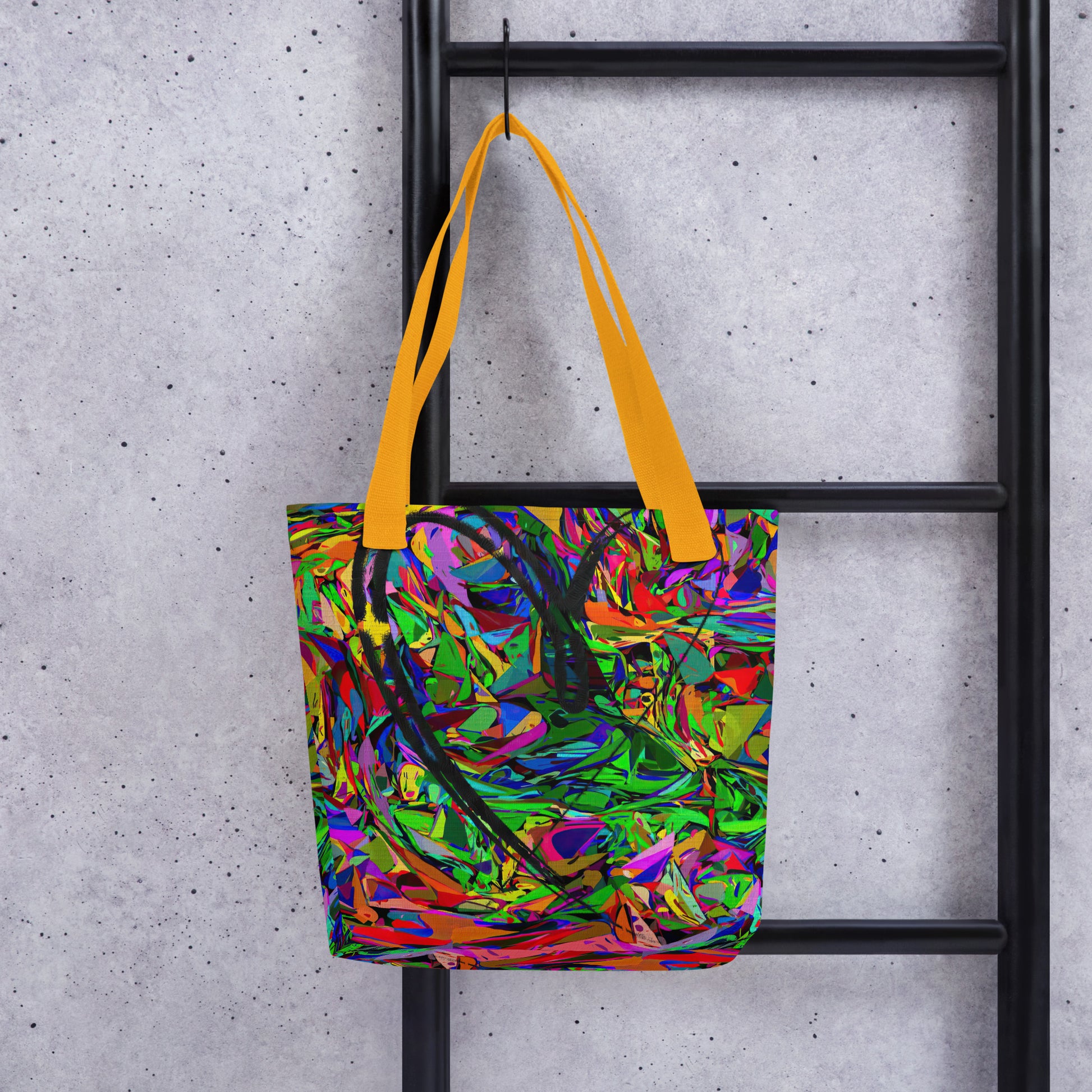 Neon Mythos abstract canvas tote bag with vibrant street art print by Hipyfi Clothes & Design, unisex and eco-friendly. Yellow-front-3