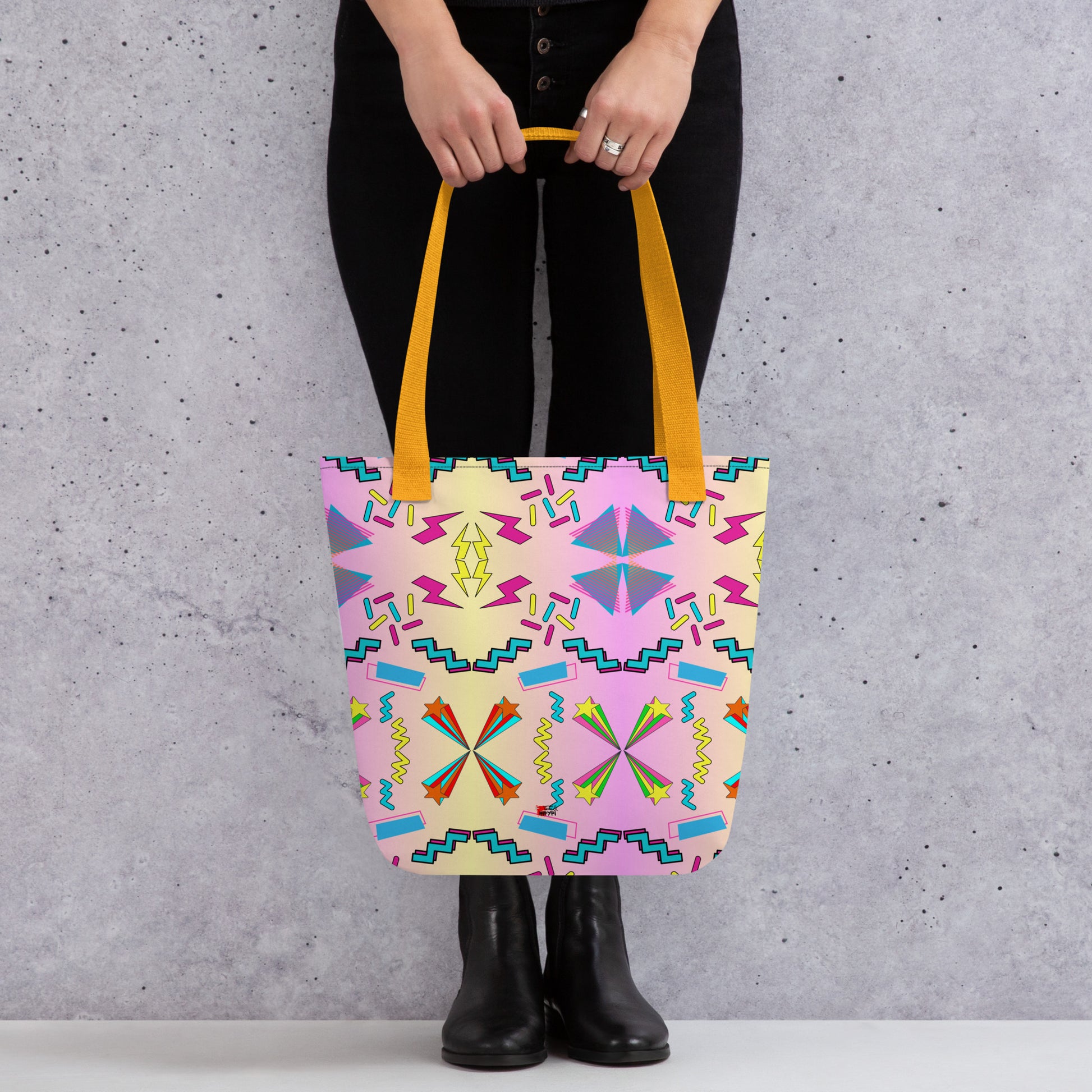 Hipyfi Memphis Style 80s Tote Bag - Geometric Retro Design with vibrant pastel gradient and bold abstract patterns Yellow-Front-3
