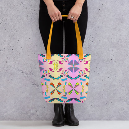 Hipyfi Memphis Style 80s Tote Bag - Geometric Retro Design with vibrant pastel gradient and bold abstract patterns Yellow-Front-3