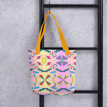 Hipyfi Memphis Style 80s Tote Bag - Geometric Retro Design with vibrant pastel gradient and bold abstract patterns Yellow-Front-2