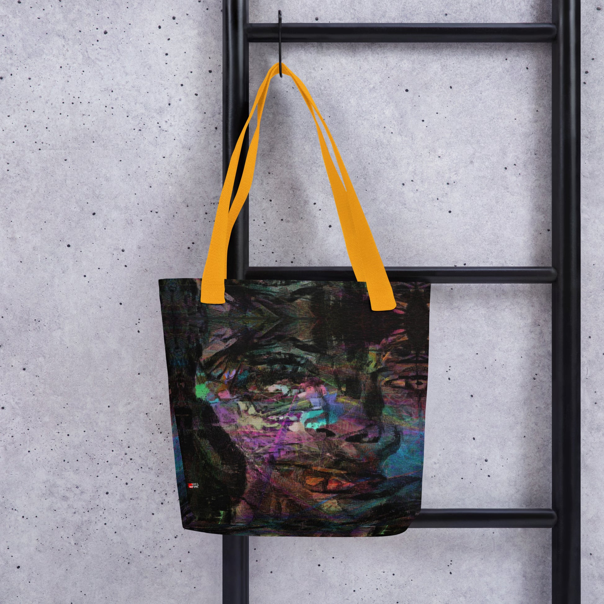 Hipyfi Chromatic Dreams Tote Bag: Vibrant abstract art unisex tote with bold brushstrokes in purple, blue, and orange. Sustainably made, gender-neutral design for everyday style. Yellow front-2