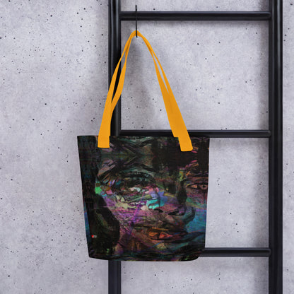 Hipyfi Chromatic Dreams Tote Bag: Vibrant abstract art unisex tote with bold brushstrokes in purple, blue, and orange. Sustainably made, gender-neutral design for everyday style. Yellow front-2