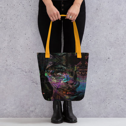 Hipyfi Chromatic Dreams Tote Bag: Vibrant abstract art unisex tote with bold brushstrokes in purple, blue, and orange. Sustainably made, gender-neutral design for everyday style. Yellow front-3