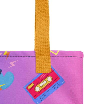 Hipyfi 80s Retro Neon Pop Tote Bag featuring vibrant geometric design and cassette tape icons, eco-friendly, with durable cotton denim handles. Yellow-15x15-product-details