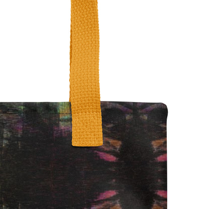 Hipyfi Chromatic Dreams Tote Bag: Vibrant abstract art unisex tote with bold brushstrokes in purple, blue, and orange. Sustainably made, gender-neutral design for everyday style. Yellow product-details