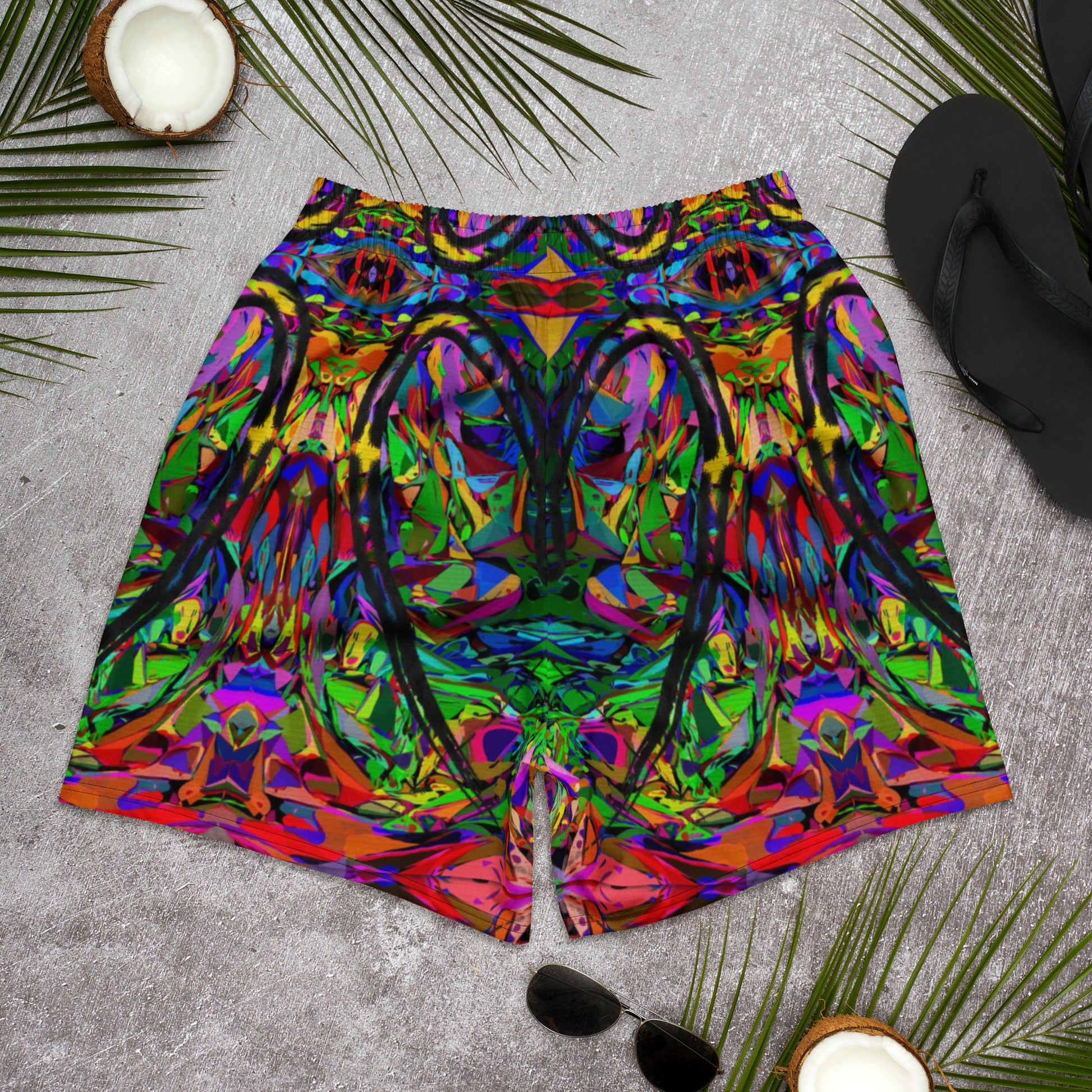 Unisex recycled athletic long shorts with vibrant abstract print – Neon Mythos design by Hipyfi Clothes & Design Back-3