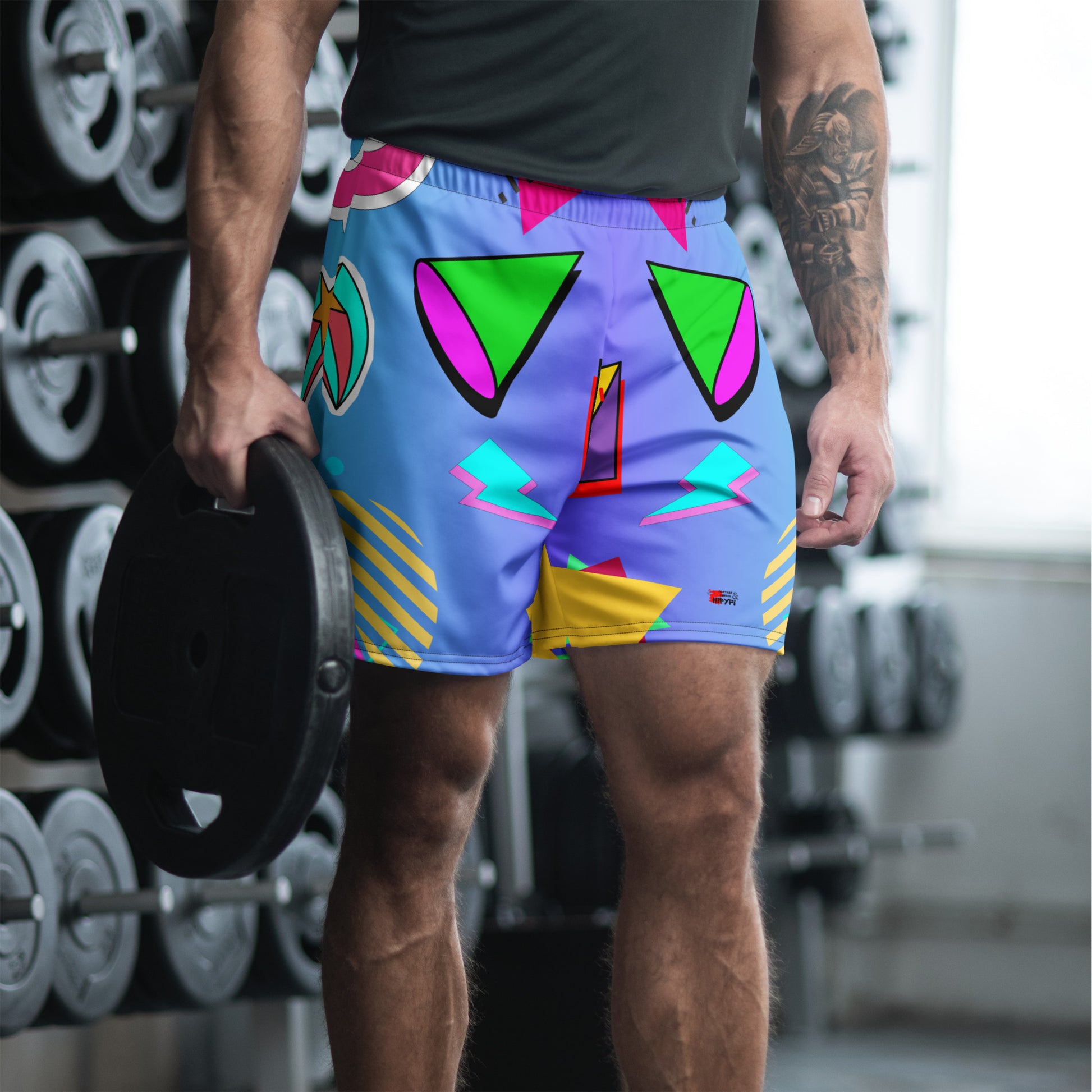 Hipyfi Unisex Retro Neon Gym Shorts – Colorful Memphis Style Athletic Wear.