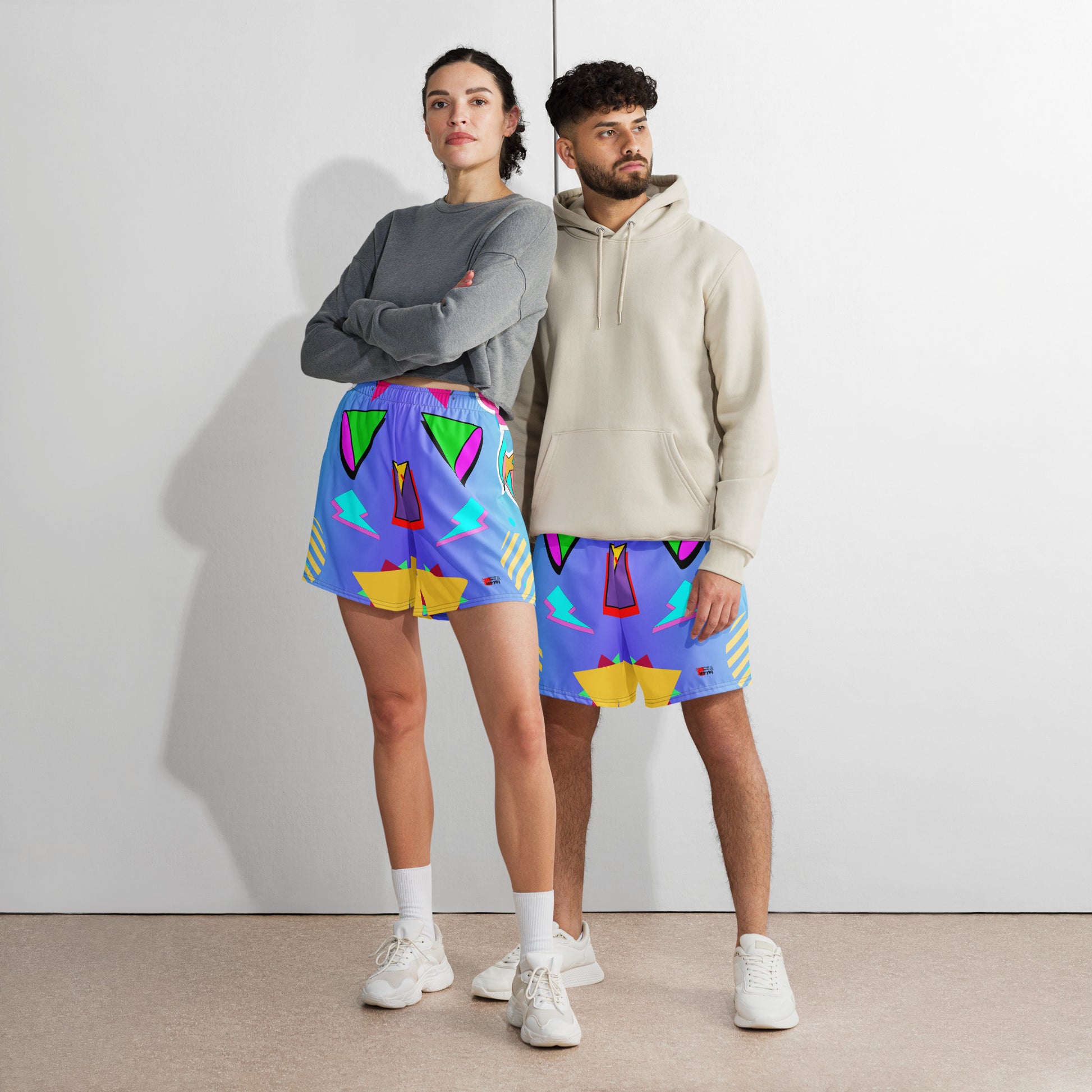 Hipyfi Unisex Retro Neon Gym Shorts – Colorful Memphis Style Athletic Wear.
