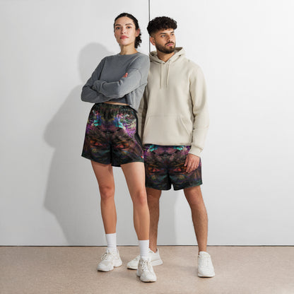 Hipyfi Chromatic Dreams Unisex Long Shorts featuring a vibrant abstract design – eco-friendly and breathable athletic wear. Front