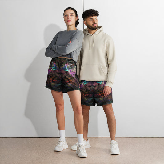 Hipyfi Chromatic Dreams Unisex Long Shorts featuring a vibrant abstract design – eco-friendly and breathable athletic wear. Front