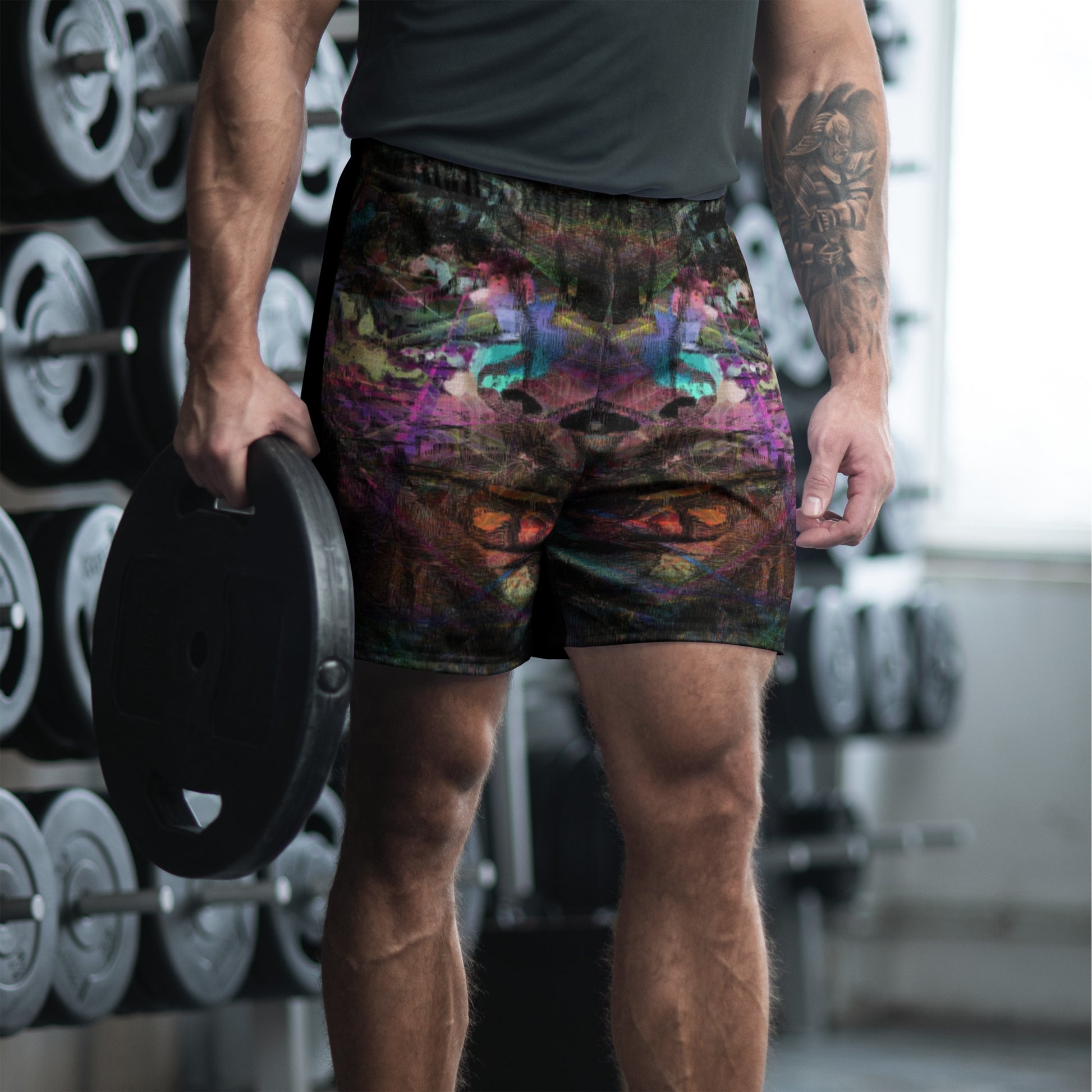 Hipyfi Chromatic Dreams Unisex Long Shorts featuring a vibrant abstract design – eco-friendly and breathable athletic wear. Front-2