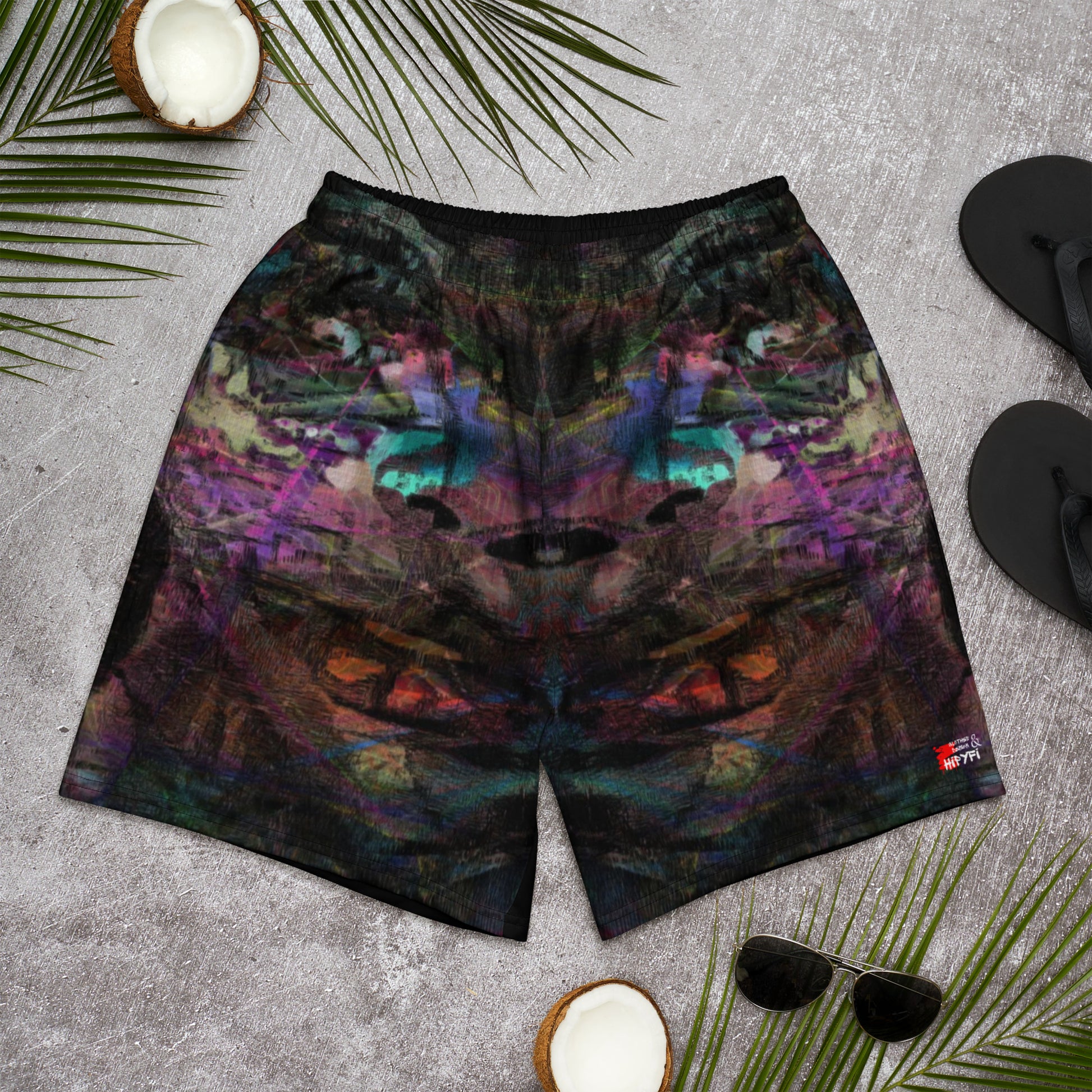 Hipyfi Chromatic Dreams Unisex Long Shorts featuring a vibrant abstract design – eco-friendly and breathable athletic wear. Front-3