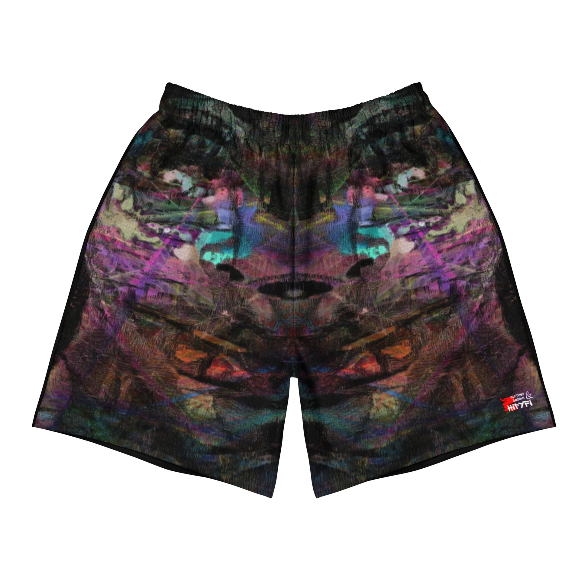 Hipyfi Chromatic Dreams Unisex Long Shorts featuring a vibrant abstract design – eco-friendly and breathable athletic wear. Front-4
