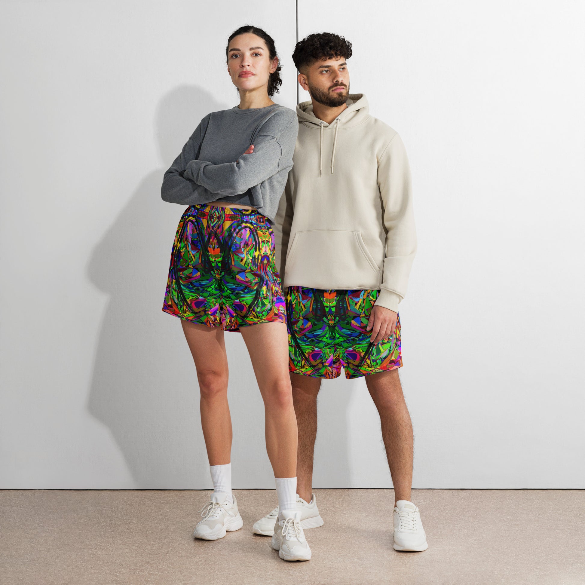 Unisex recycled athletic long shorts with vibrant abstract print – Neon Mythos design by Hipyfi Clothes & Design Front