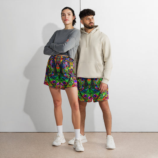 Unisex recycled athletic long shorts with vibrant abstract print – Neon Mythos design by Hipyfi Clothes & Design Front