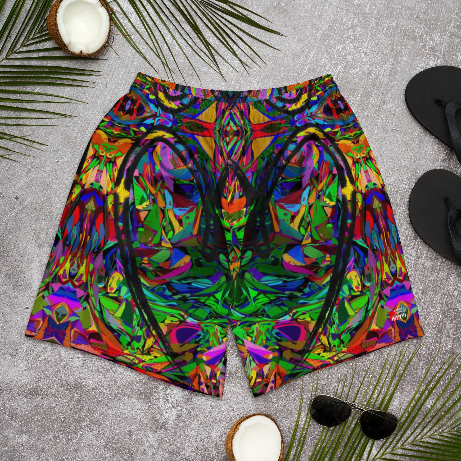 Unisex recycled athletic long shorts with vibrant abstract print – Neon Mythos design by Hipyfi Clothes & Design Front-3