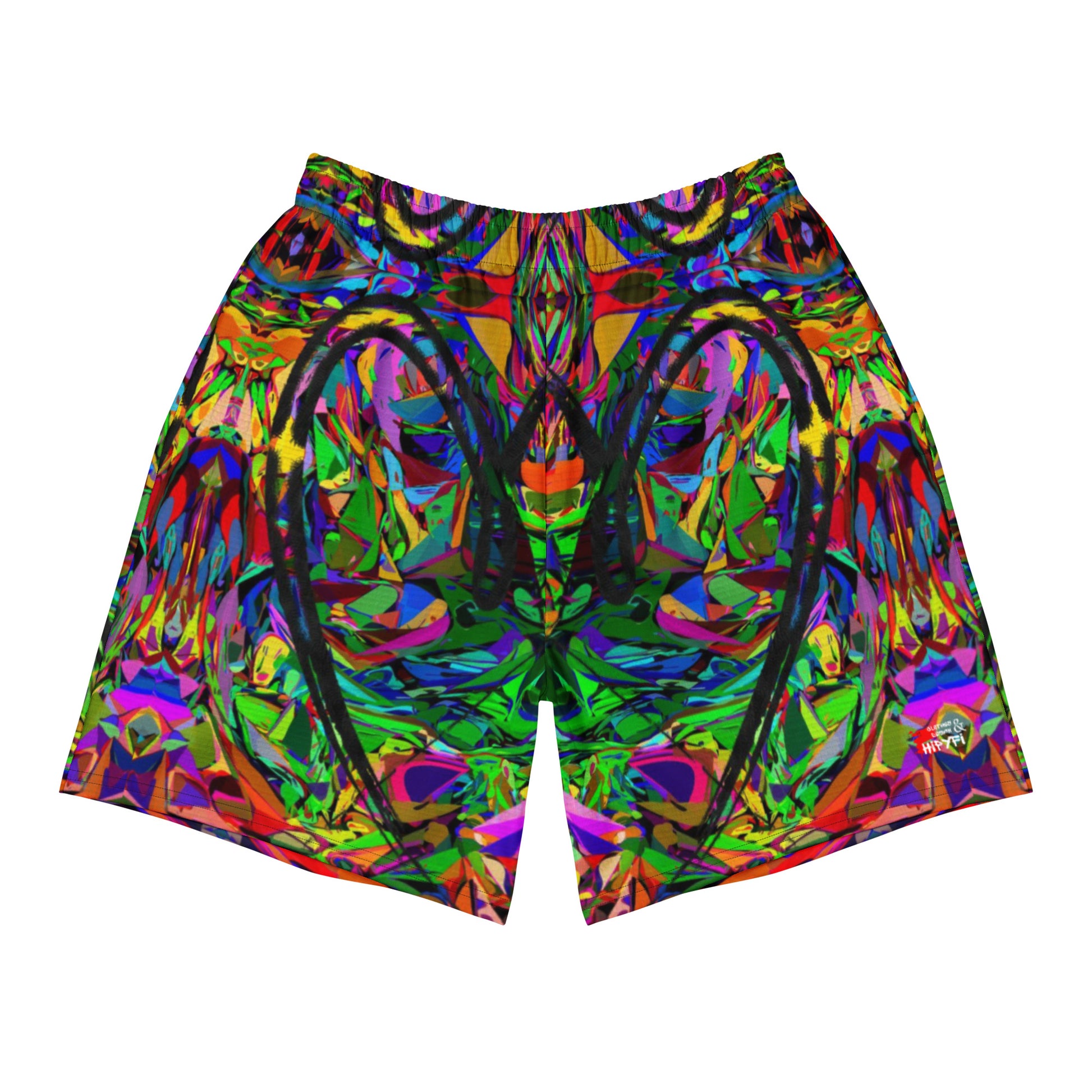 Unisex recycled athletic long shorts with vibrant abstract print – Neon Mythos design by Hipyfi Clothes & Design Front-4