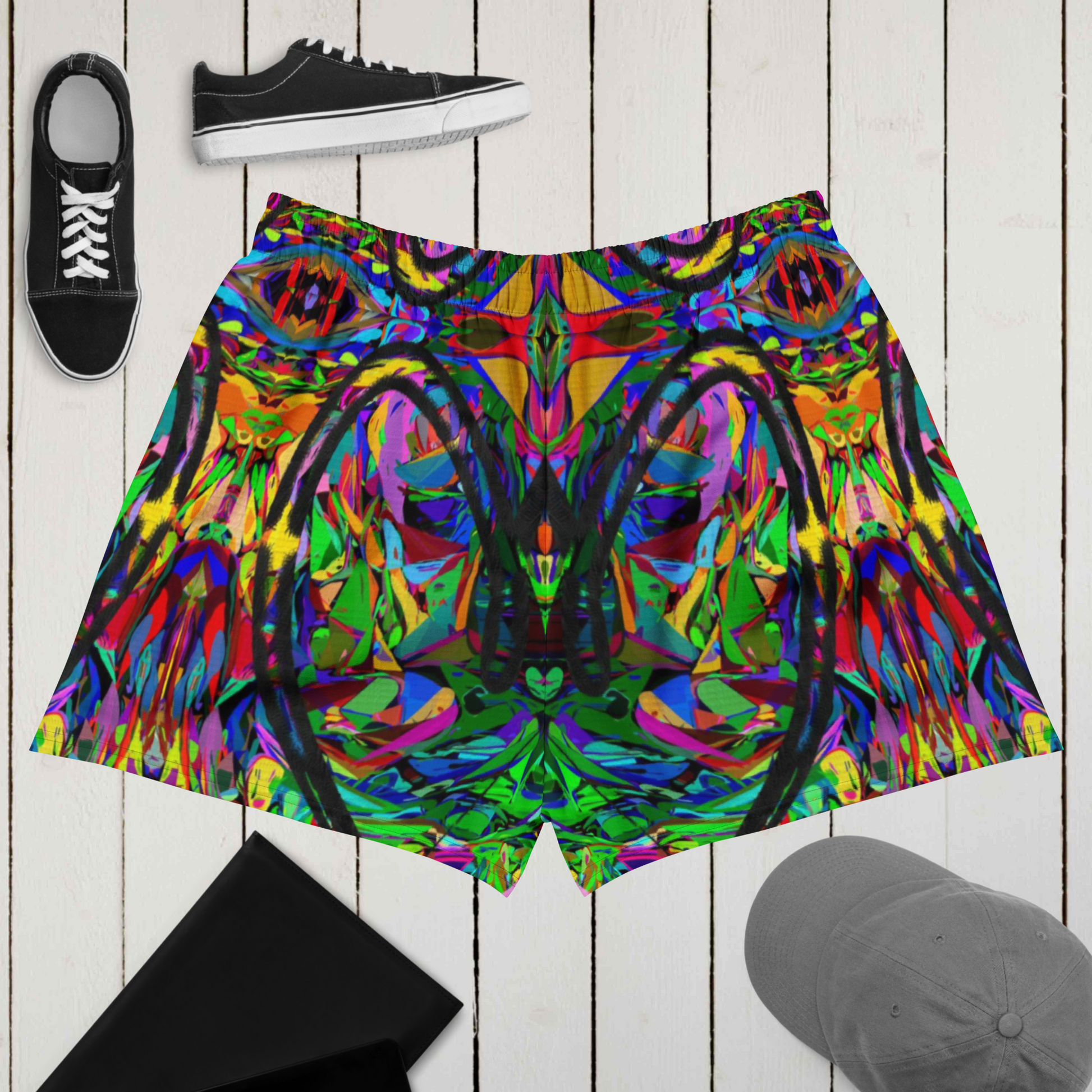 Neon Mythos unisex athletic shorts with vibrant abstract art print in recycled fabric by Hipyfi Clothes & Design – eco-friendly workout wear Back-5
