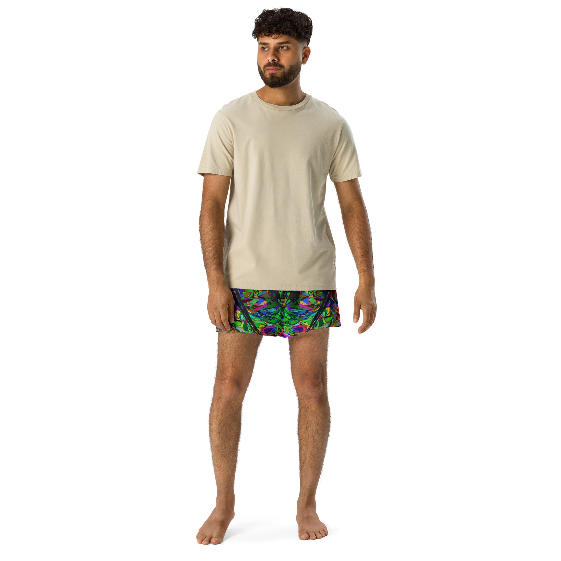 Neon Mythos unisex athletic shorts with vibrant abstract art print in recycled fabric by Hipyfi Clothes & Design – eco-friendly workout wear Front-2