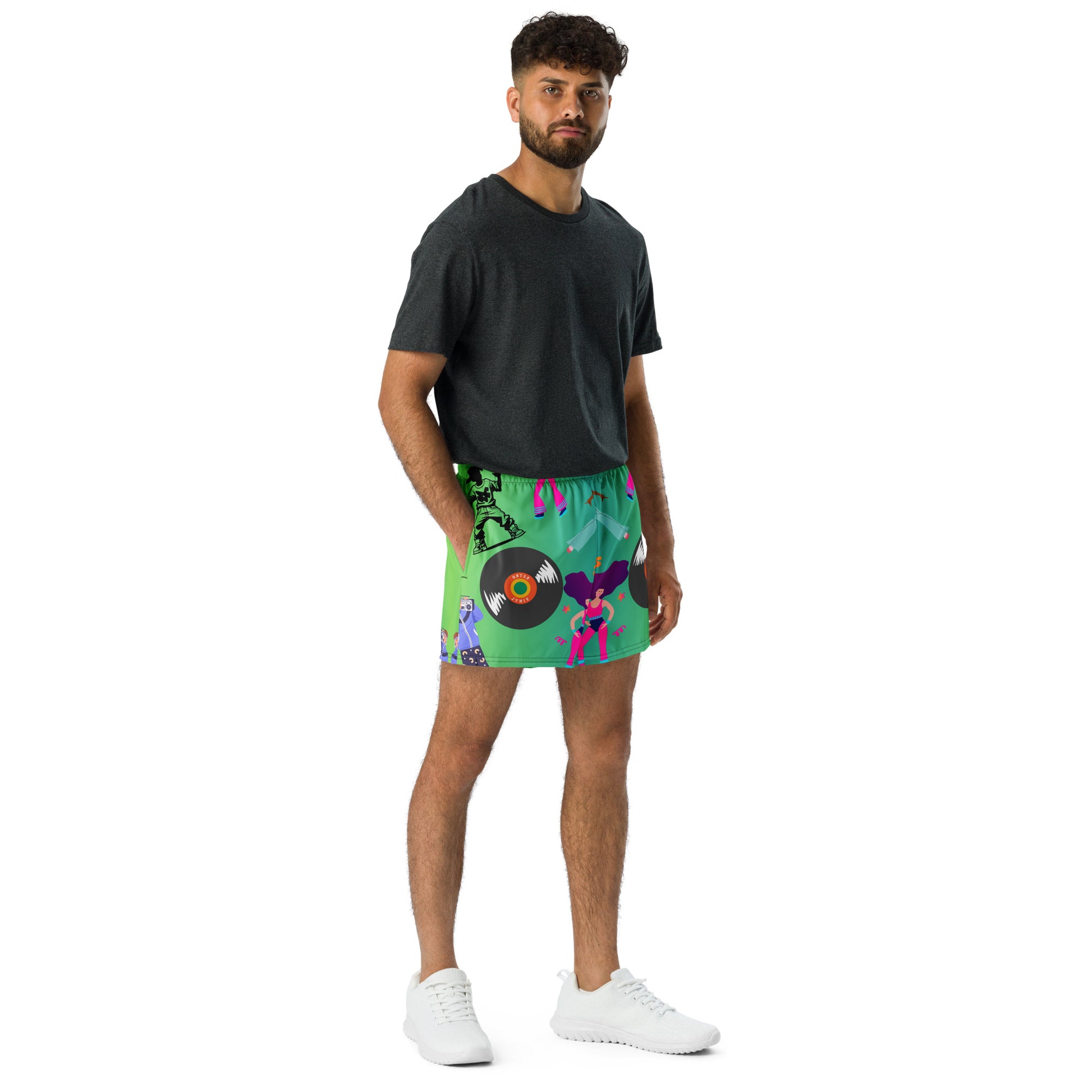 Hipyfi 80s Neon Workout Shorts – Unisex retro athletic shorts with vibrant 1980s dancewear design. front-3