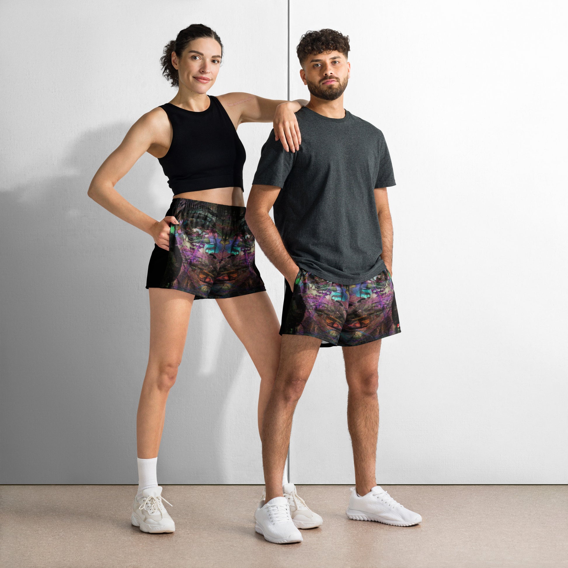 Chromatic Dreams eco-friendly unisex athletic shorts with colorful abstract print by Hipyfi Clothes & Design Front