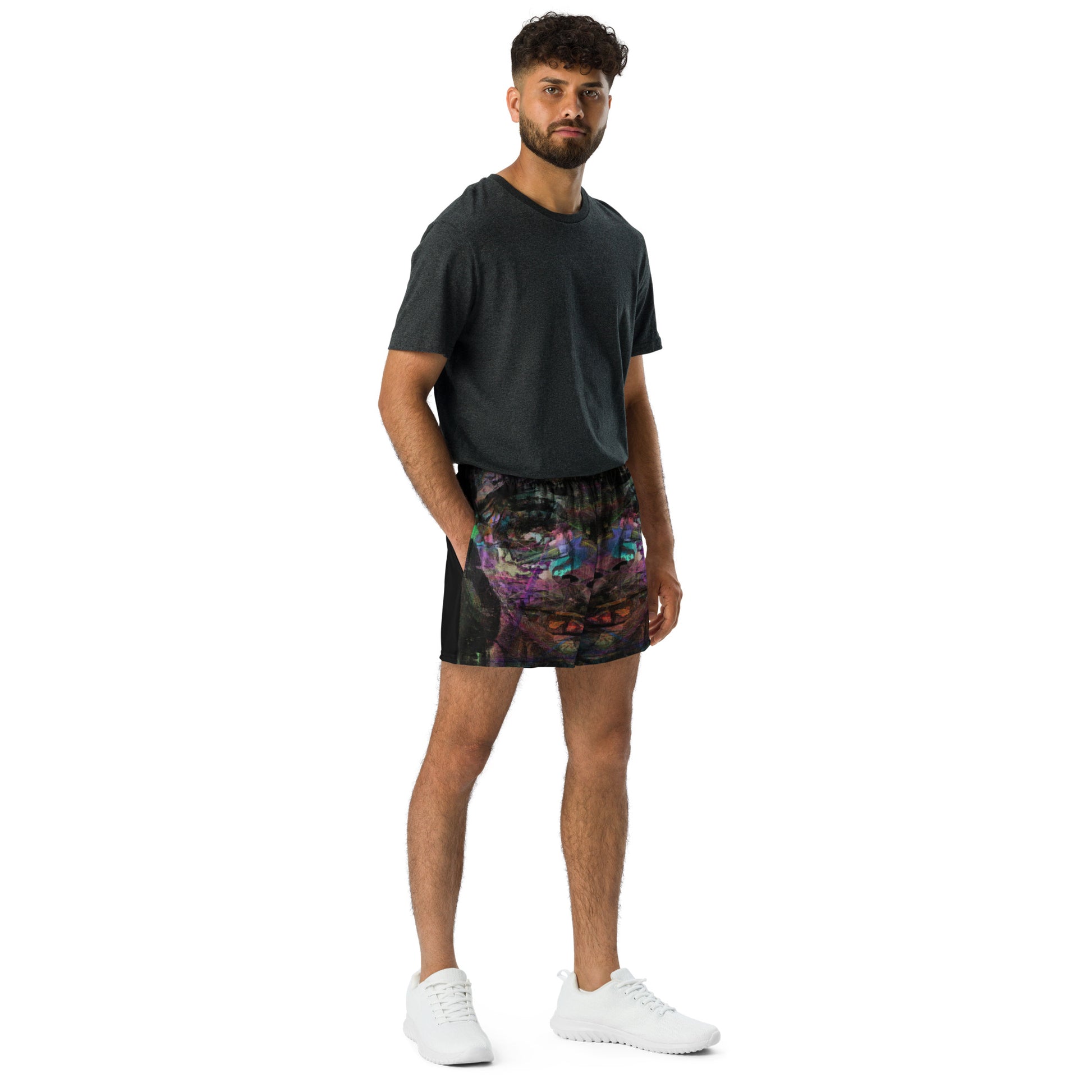 Chromatic Dreams eco-friendly unisex athletic shorts with colorful abstract print by Hipyfi Clothes & Design Front-2