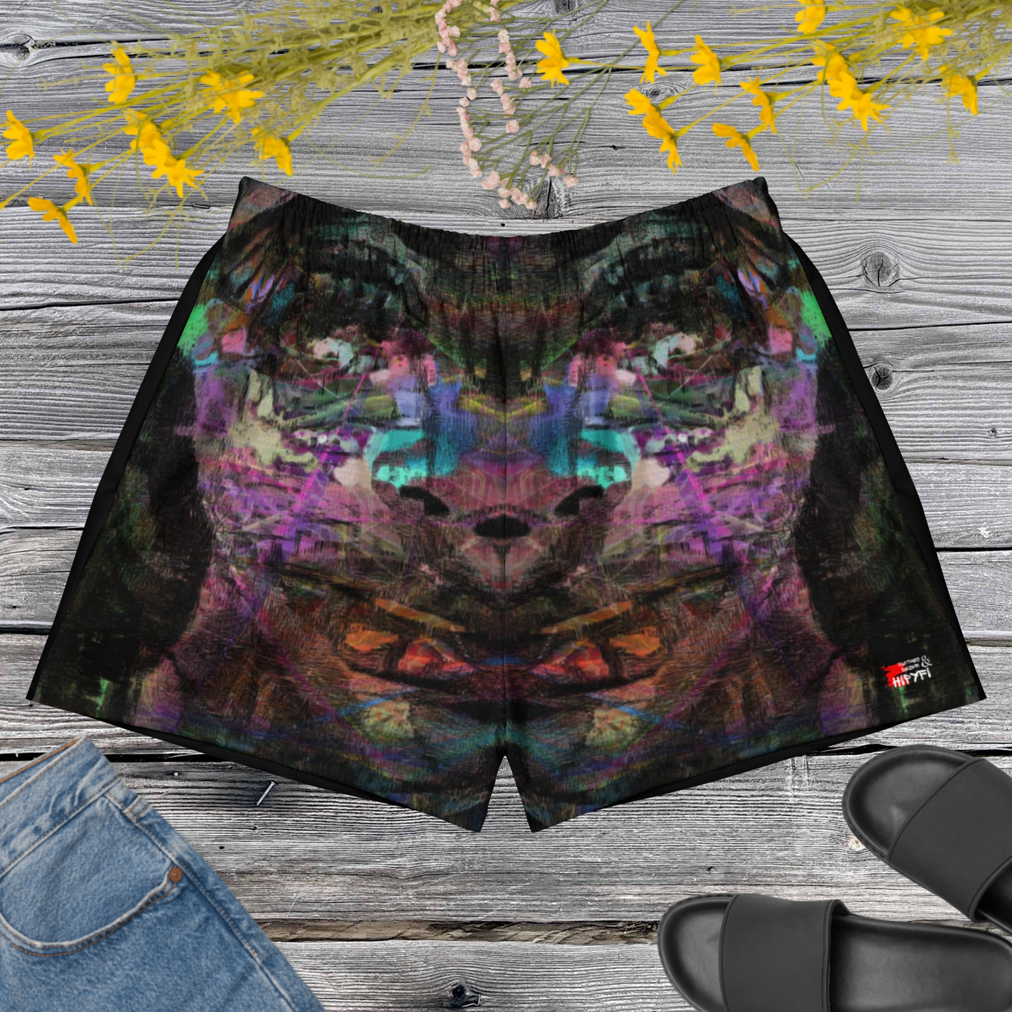 Chromatic Dreams eco-friendly unisex athletic shorts with colorful abstract print by Hipyfi Clothes & Design Front-3