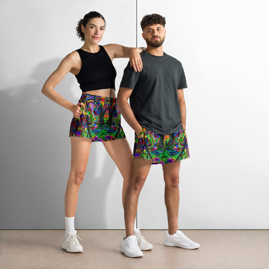 Neon Mythos unisex athletic shorts with vibrant abstract art print in recycled fabric by Hipyfi Clothes & Design – eco-friendly workout wear Front