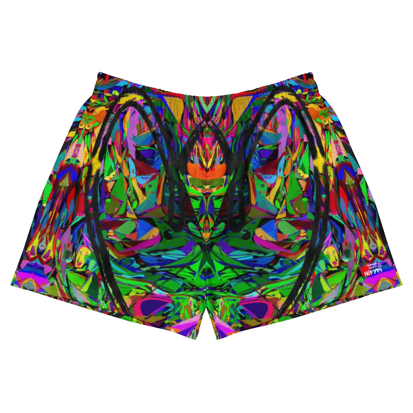 Neon Mythos unisex athletic shorts with vibrant abstract art print in recycled fabric by Hipyfi Clothes & Design – eco-friendly workout wear Front-4