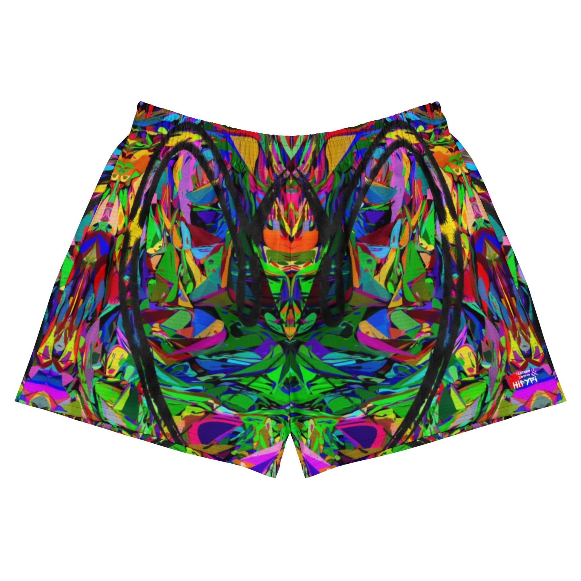 Neon Mythos unisex athletic shorts with vibrant abstract art print in recycled fabric by Hipyfi Clothes & Design – eco-friendly workout wear Front-4