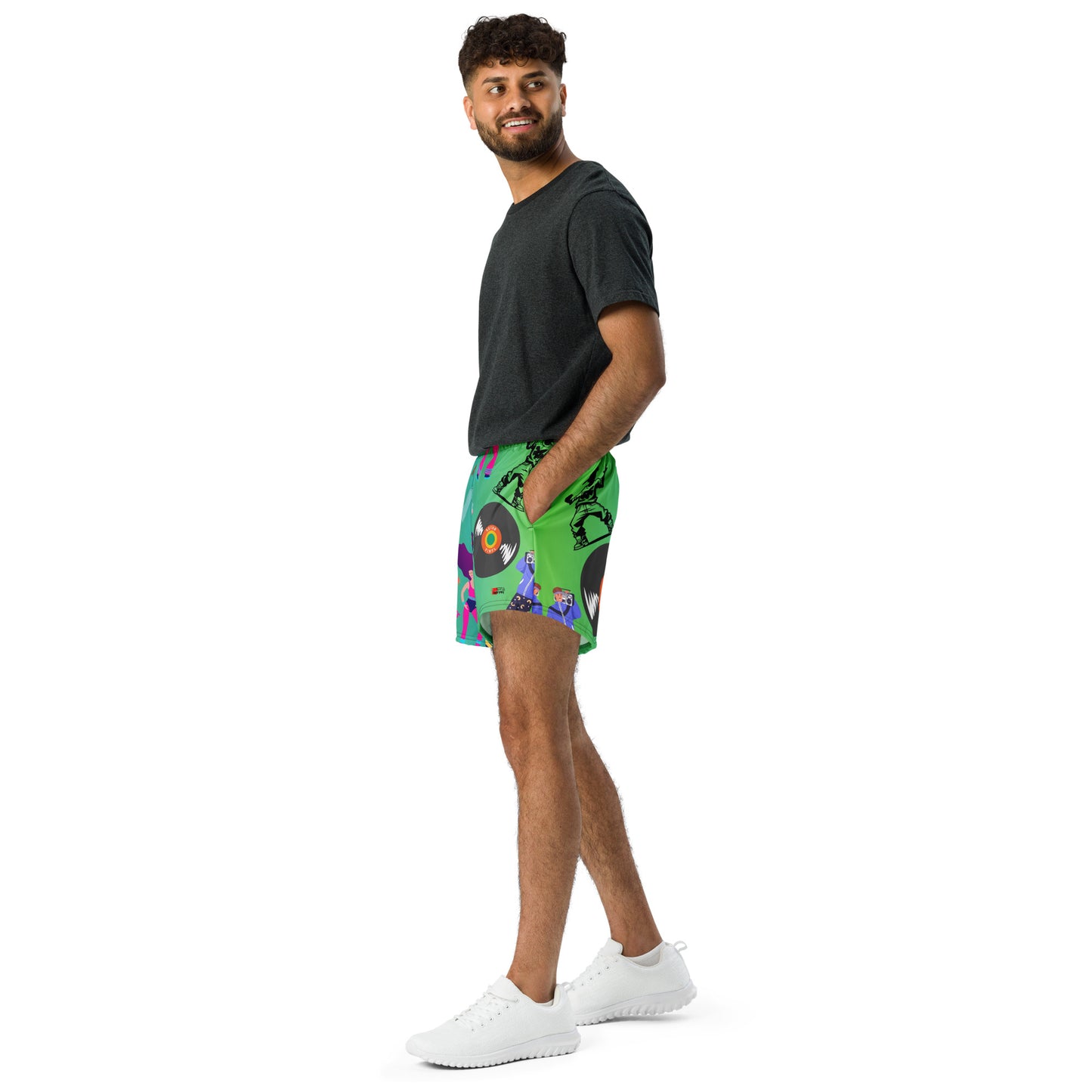 Hipyfi 80s Neon Workout Shorts – Unisex retro athletic shorts with vibrant 1980s dancewear design. left-3