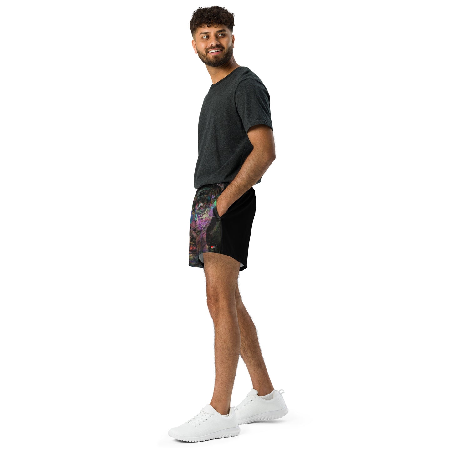 Chromatic Dreams eco-friendly unisex athletic shorts with colorful abstract print by Hipyfi Clothes & Design left