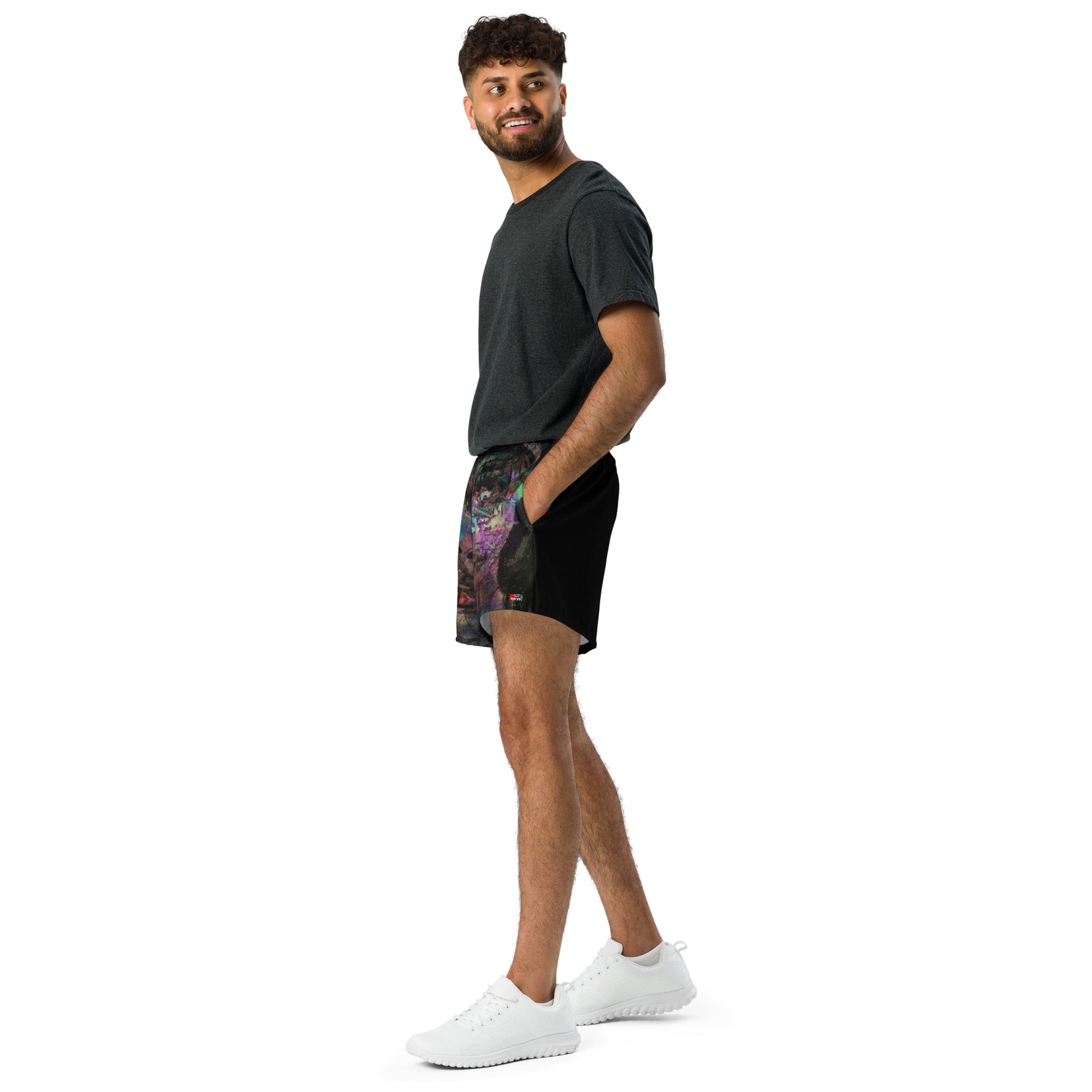 Chromatic Dreams eco-friendly unisex athletic shorts with colorful abstract print by Hipyfi Clothes & Design left