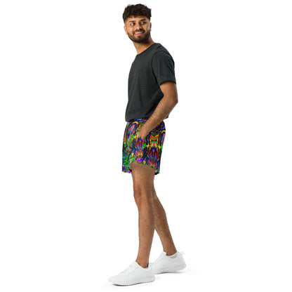 Neon Mythos unisex athletic shorts with vibrant abstract art print in recycled fabric by Hipyfi Clothes & Design – eco-friendly workout wear Left